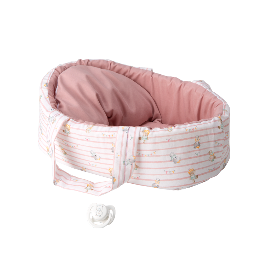 Arias kūdikėlis rožinėje nešyklėje su meškiukais, 26 cm – Pupuliuk.lt