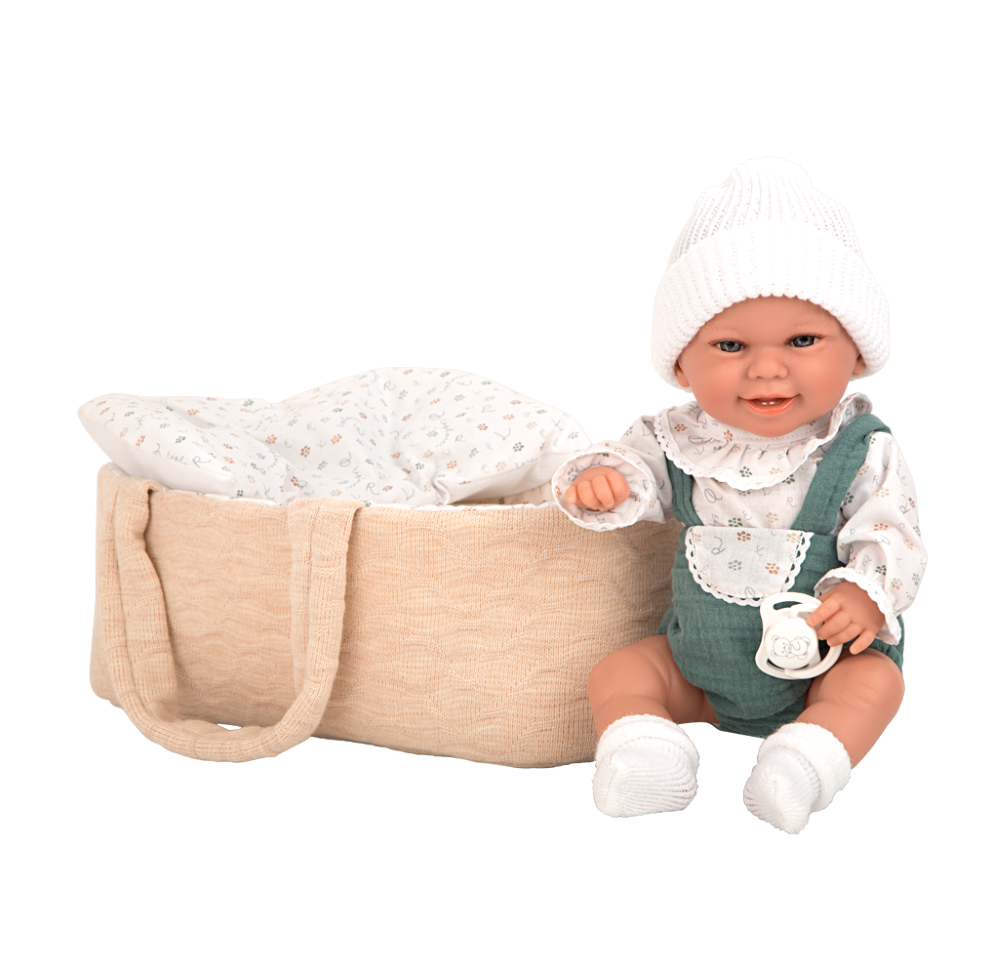 Arias kūdikėlis rusvoje nešyklėje, berniukas, 33 cm – Pupuliuk.lt