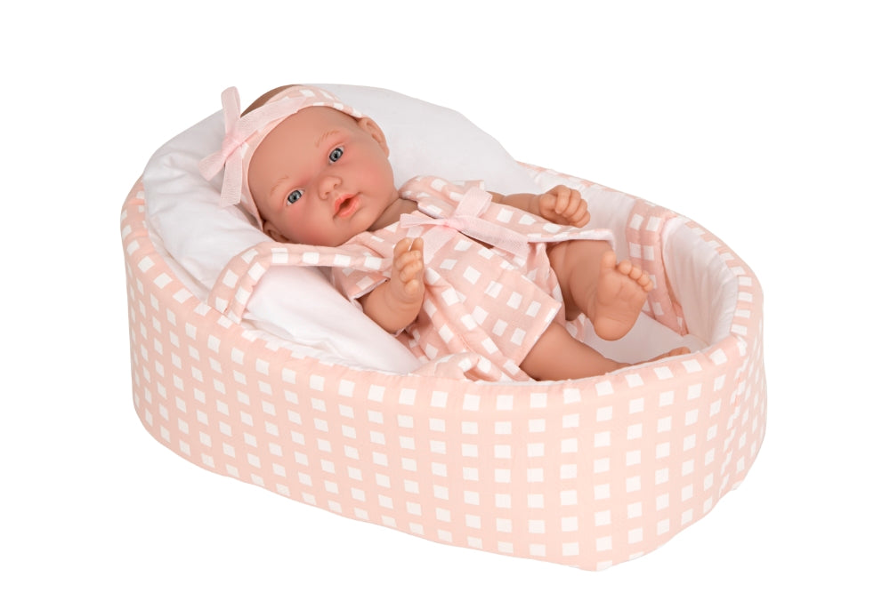 Arias lėlytė languotoje nešyklėje, oranžinėje, 26 cm – Pupuliuk.lt