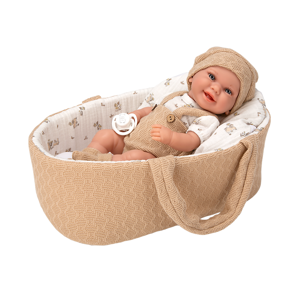 Arias kūdikėlis rusvoje nešyklėje, berniukas, 33 cm – Pupuliuk.lt