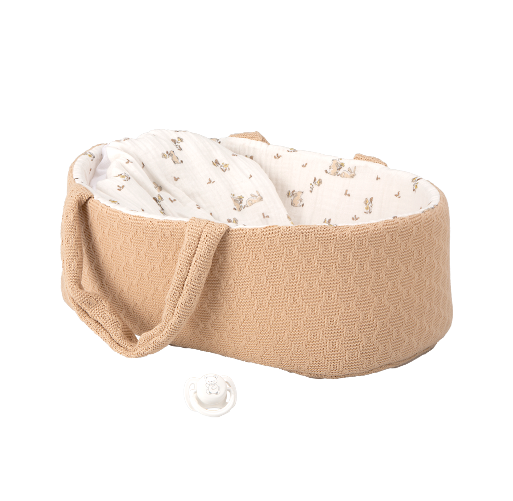 Arias kūdikėlis rusvoje nešyklėje, berniukas, 33 cm – Pupuliuk.lt