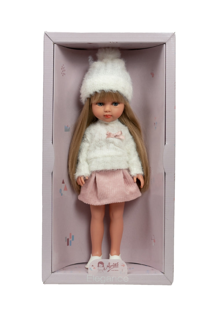 Arias lėlė mergaitė Carlota pūkuotu megztiniu, 36 cm – Pupuliuk.lt