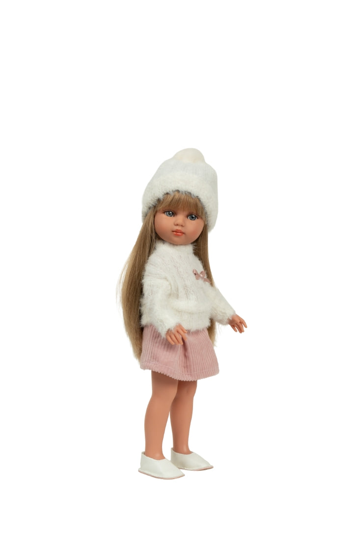 Arias lėlė mergaitė Carlota pūkuotu megztiniu, 36 cm – Pupuliuk.lt