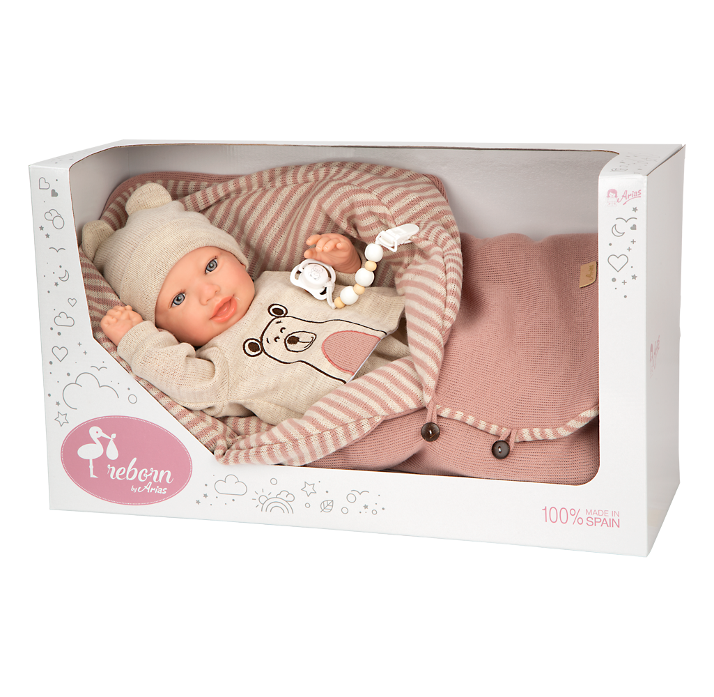 Arias Reborn lėlė kūdikėlis su smėlio spalvos rūbeliais, 45 cm – Pupuliuk.lt
