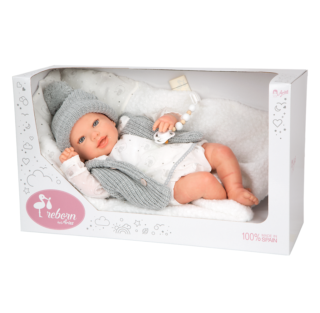 Arias Reborn kūdikėlis su pilkais rūbeliais, Daniela, 45 cm – Pupuliuk.lt